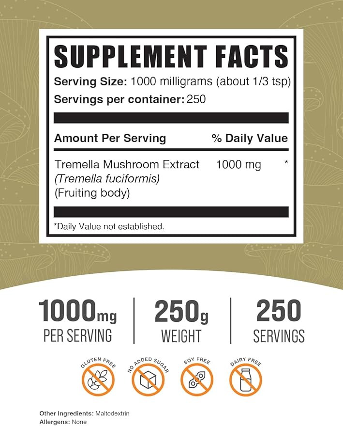 BulkSupplements.com Tremella Mushroom Extract - Tremella Fuciformis Extract, Mushroom Supplement - Vegan & Gluten Free, 1g per Serving, 250g (8.8 oz) (Pack of 1)