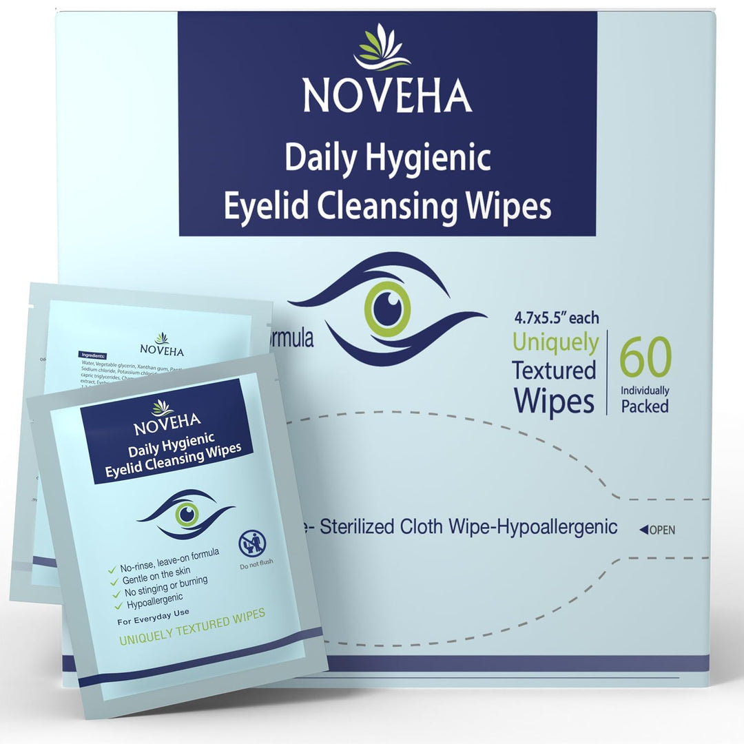 Noveha Daily Hygienic Eyelid & Lash Wipes | For Blepharitis & Itchy Eyes, Demodex | Box Of 60 Individually Wrapped Eyelash Wipes