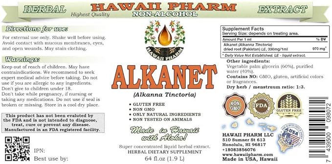Alkanet Alcohol-Free Liquid Extract, Alkanet (Alkanna Tinctoria) Dried Root Glycerite Hawaii Pharm Natural Herbal Supplement 64 oz