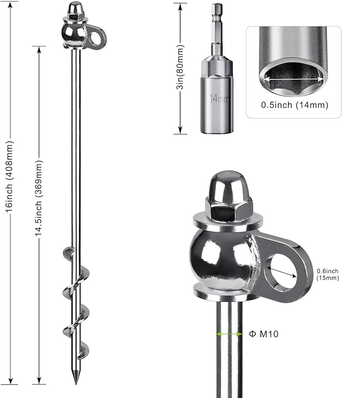 4 Pack Tent Stakes, 16 Inch Heavy Duty Ground Anchors, Full Welding, Easy to Screw in and Reusable, for Camping Tents, Trampolines, Sheds, Swing Sets, Securing Animals