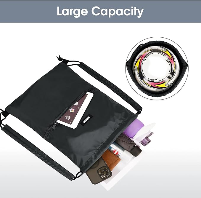 WANDF Drawstring Backpack Sports Gym Bag with Shoulder Pads Water Resistant String Bag Cinch Bag for Women Men (Black)