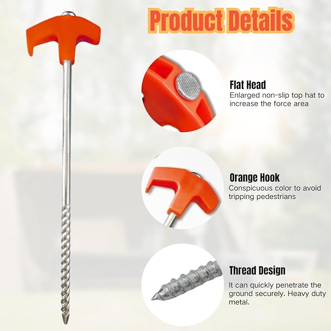 8Pcs Tent Stakes Heavy Duty Camping Stakes, 8" Non-Rust Metal Tent Pegs, Metal Threaded Tent Spikes, Tent Pegs Camping Stakes, Metal Tent Spikes for Outdoor Camping,Garden,Hiking