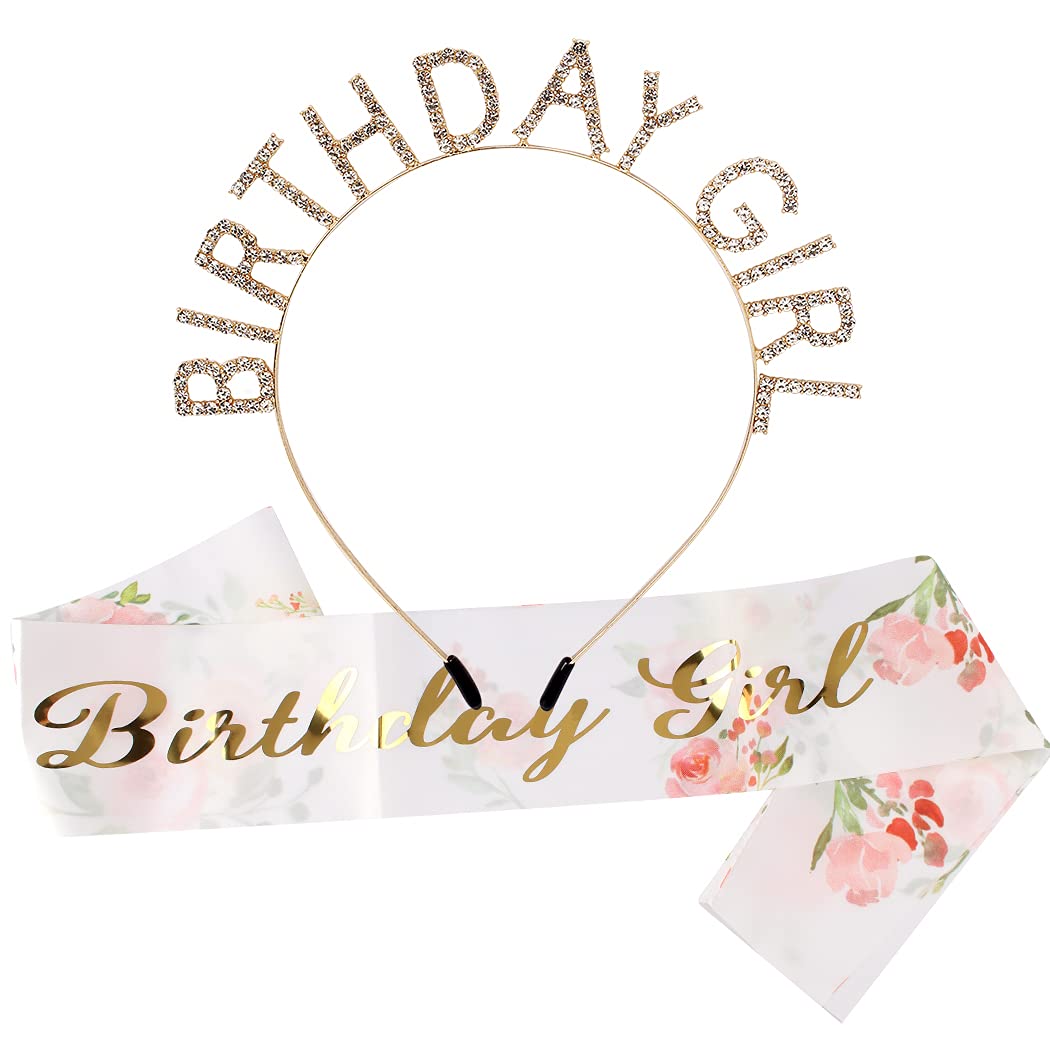 Aoprie Birthday Crown For Women With Flower Sash Gold Birthday Tiara For Women Birthday Girl Headband Princess Crown Rhinestone