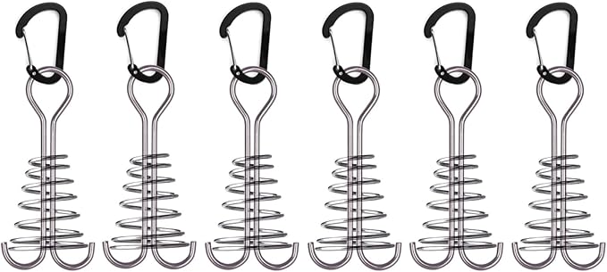 TRIWONDER 6pcs Deck Plank Board Tent Stakes Aluminum Spring Anchor Fishbone Guyline Cord Adjuster Tent Pegs with Carabiners for Outdoor Camping Hiking