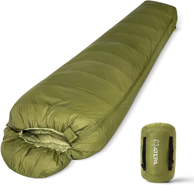 ATEPA Down Sleeping Bag for Adults, 650FP Recycled Mummy Cold Weather Ultralight 3 Season Waterproof Compact Packable Sleeping Bag with Stuff Sack & 15D Nylon Shell for Backpacking Camping Hiking