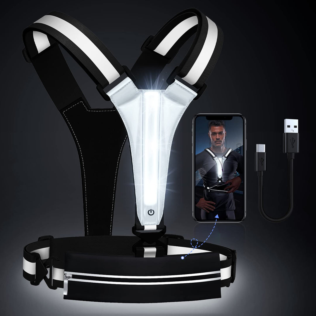 Ylzzrs LED Reflective Vest Running Gear, USB Rechargeable Light Up Running Vest Chest Phone Holder for Runners Night Walking,6-11hrs Light Adjustable Waist/Shoulder for Women Men Kids (Black)