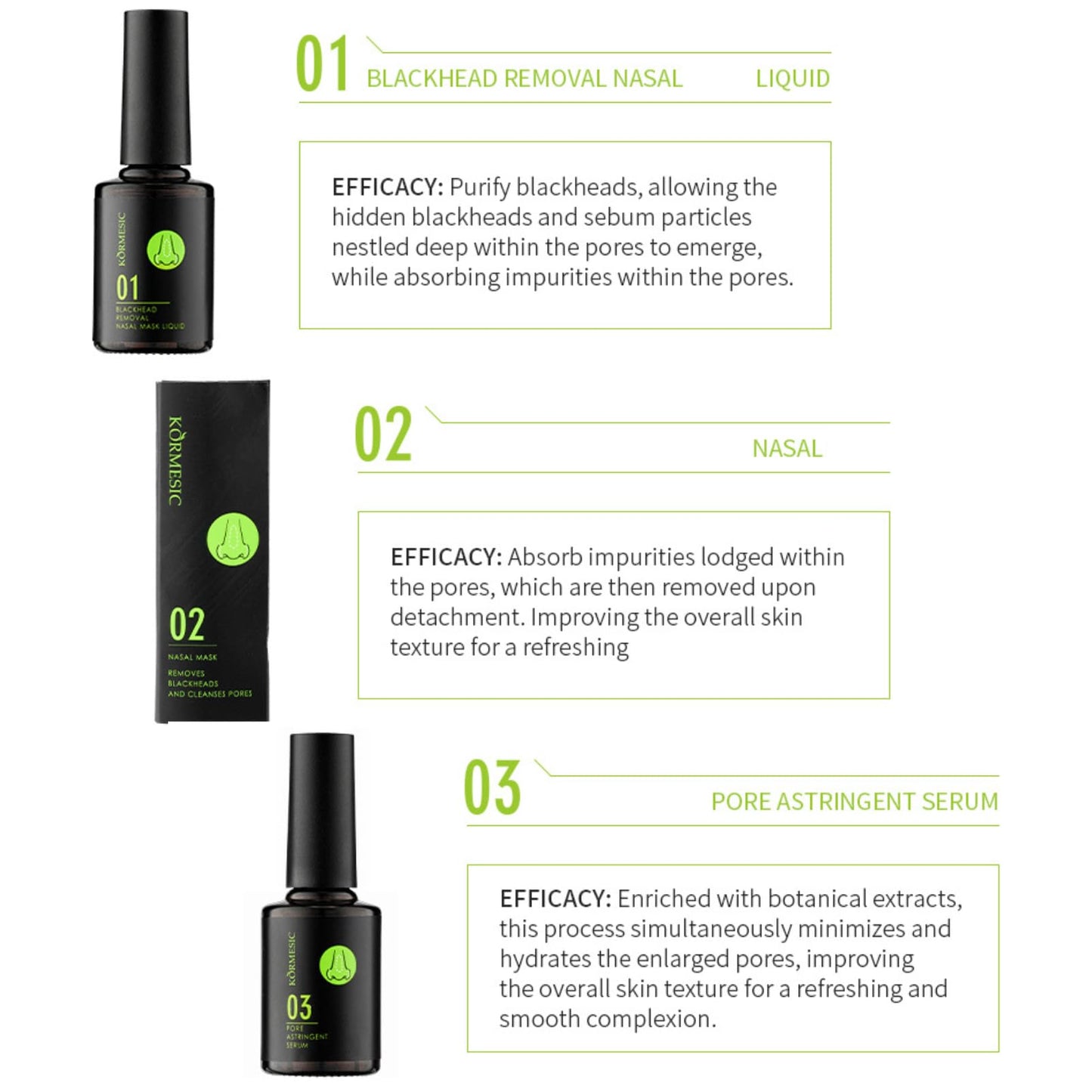 3PCS Face Care Kit & Set - Firming Skin & Blackhead Remover for Face Set – Deep Cleansing Nose care Kit with No/se Blackhead removal Liquid, 50pcs No/se Pore Strips & Pore Minimising Serum