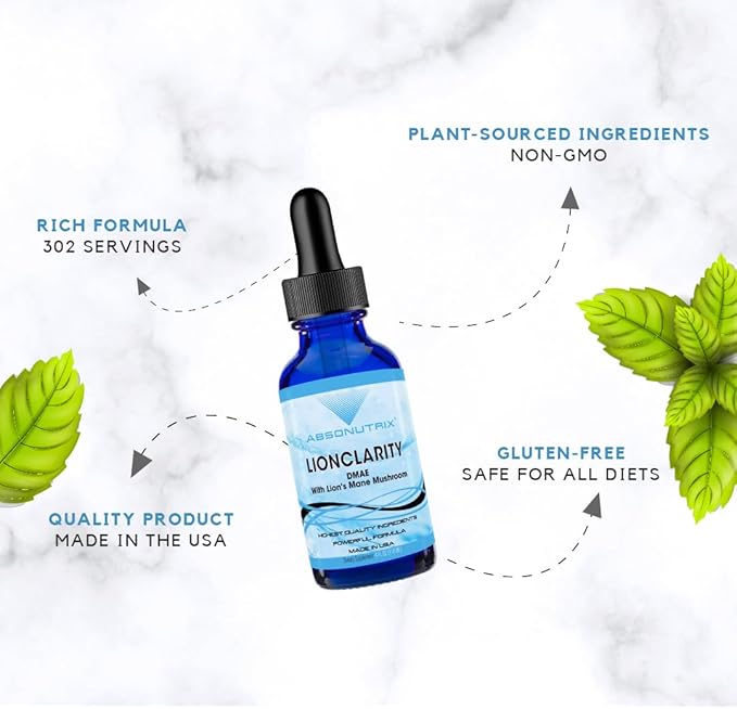 Absonutrix LionClarity, 390 mg, 4 FL Oz Liquid, 302 Servings, Made in USA, Plant-Based Ingredients, DMAE, Lion’s Mane, Huperzine A, Green Tea Extract, Non-GMO