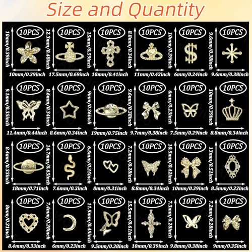 240 Pcs 3D Gold Nail Charms, Mixed Alloy Crown Bows Cross Nail Gold Charms, Golden Planet Star Metal Nail Art Charms Snake Charms for Acrylic Nails DIY Y2K Accessories