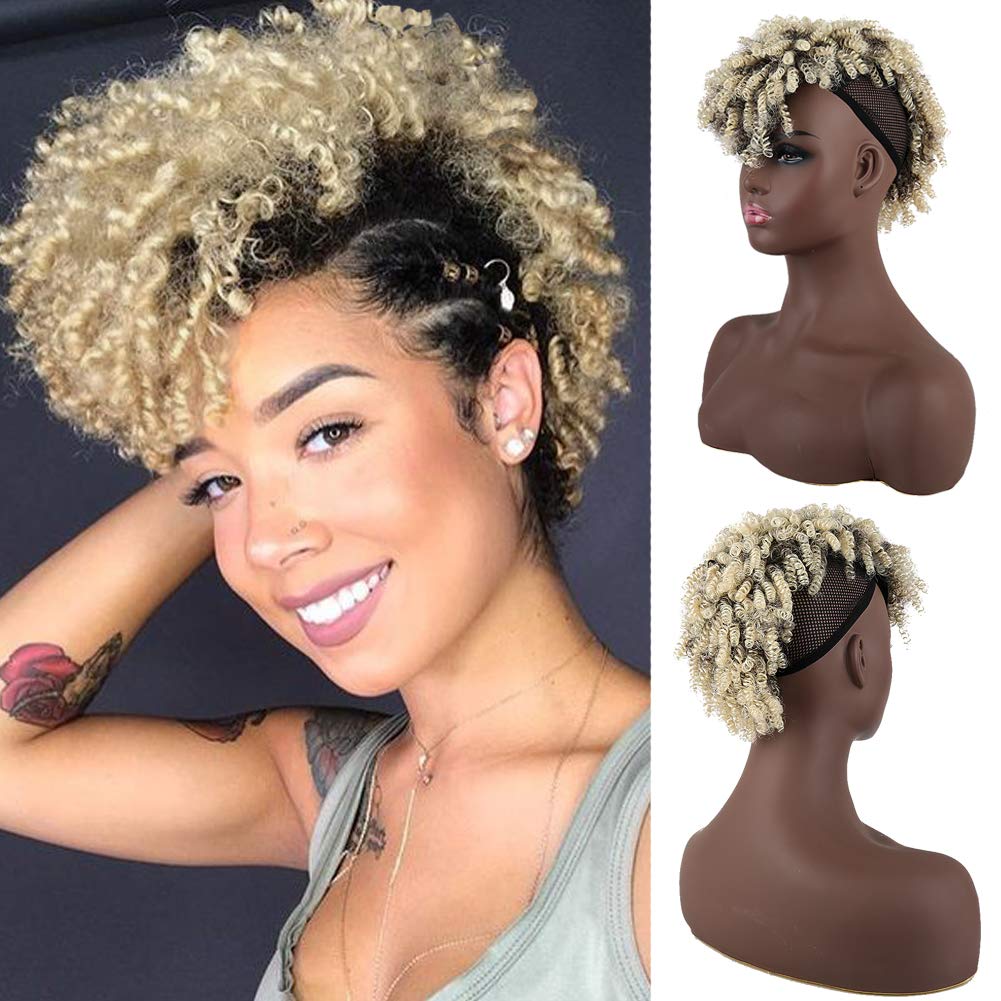 Aisaide High Puff Afro Mohawk Ponytail,Short Curly Ponytail Extension,Mohawk Kinky Synthetic Hair Bun With Bangs,Brown Ponytail