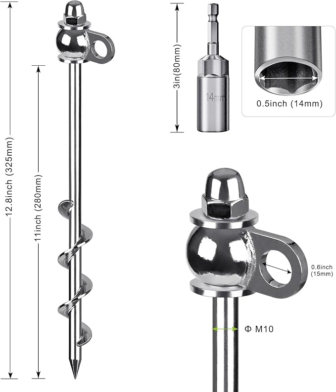 4 Pack Tent Stakes, 12 Inch Heavy Duty Ground Anchors, Full Welding, Easy to Screw in and Reusable, for Camping Tents, Trampolines, Sheds, Swing Sets, Securing Animals