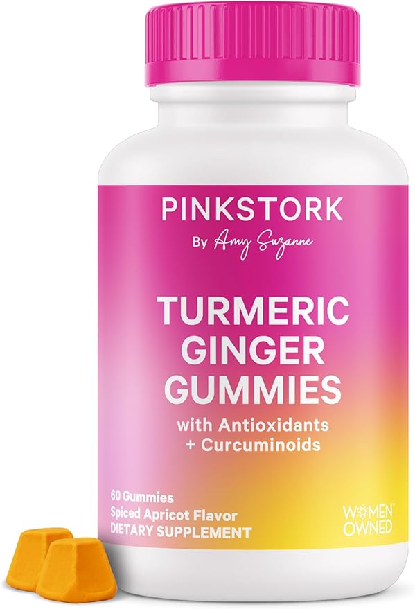Pink Stork Turmeric Ginger Gummies - Turmeric and Ginger for Digestion, Detox, Gas, Energy Support, Immune Health - 60 Spiced Apricot Bloating Supplements