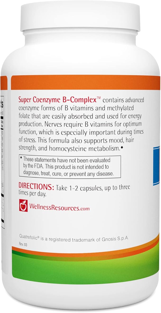 Wellness Resources Super Coenzyme B Complex - 180 Capsules - Vitamin B12, Vitamin B Complex for Hair Growth, Adrenal Support & Stress Relief - Methylated B12, Folate, Biotin, Riboflavin, Thiamine