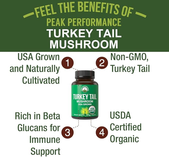 Peak Performance Organic Turkey Tail Capsules - USA Grown Made with Real Turkey Tail Mushroom. Immune System Support Naturally Harvested Mushroom Supplements for Immunity. Vegan Supplement Extract