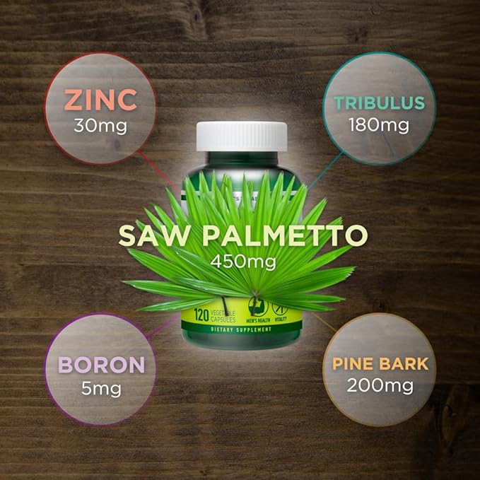 Saw Palmetto Complex 120 Vegetable Capsules for Men Prostate Support Urinary Health Zinc, Tribulus, Boron, Pine Bark 5-in-1 Blend Supplement