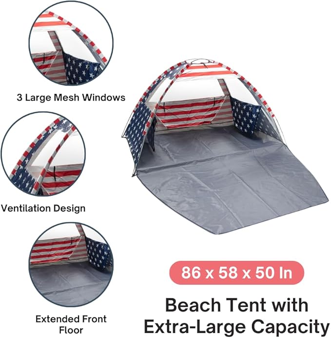 American Flag Portable Beach Tent Anti UV for 3-4 Person – Premium Beach Tent Sun Shelter with 3 Large Mesh Windows – Shade Tent for Camping Essentials - Beach Essentials for Women & Men (Easy Set up)