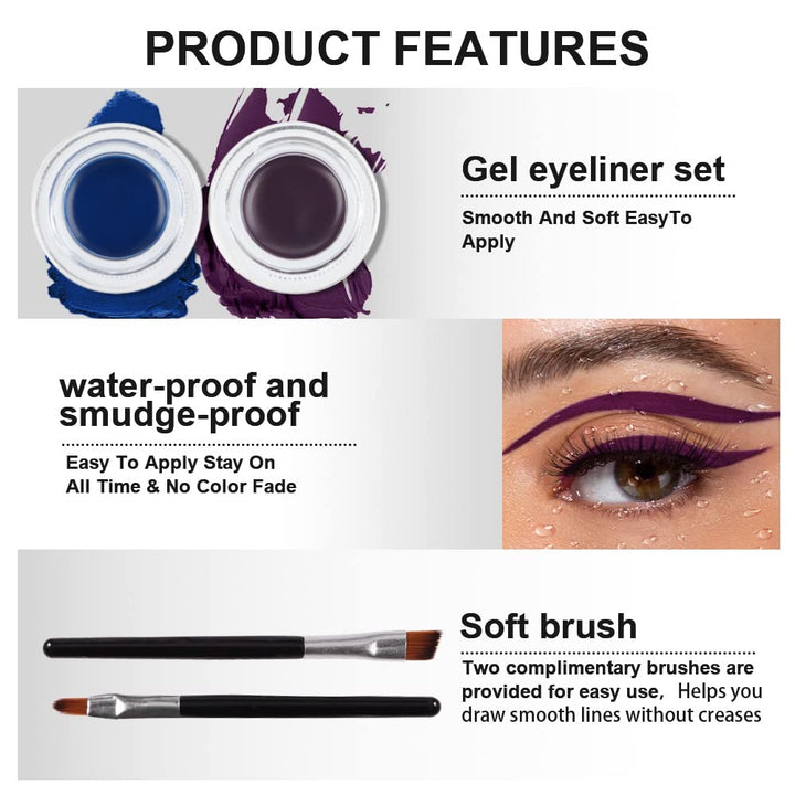 evpct Blue & Purple Gel Eyeliner Waterproof Smudge Proof for Waterline Eyebrow Cream Pomade Set with Brushes, Long Wear