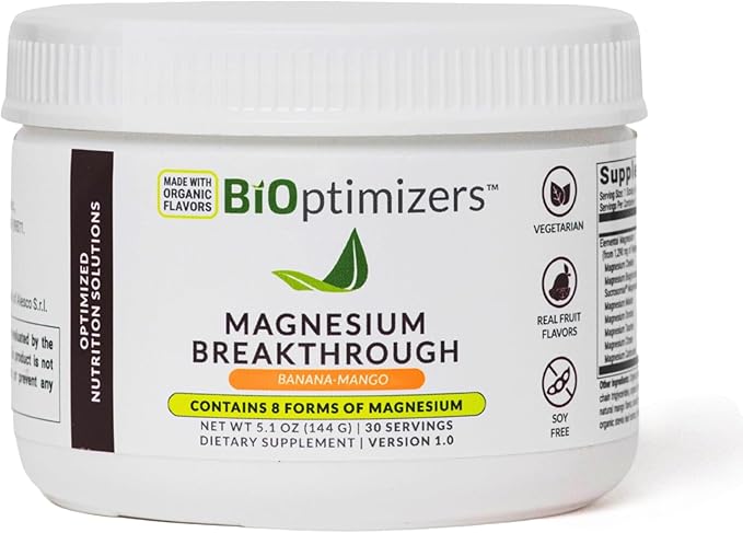 BIOptimizers Magnesium Breakthrough Drink Banana Mango - 8 Forms of Magnesium: Glycinate, Malate, Citrate, and More - Natural Sleep Supplement – 6 oz (30 Servings)