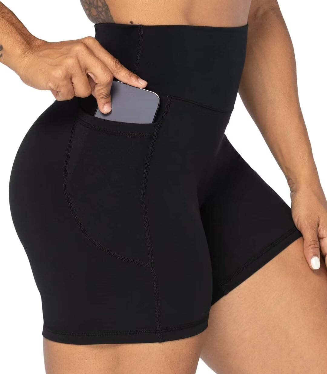 Sunzel Women's Biker Shorts in High Waist Tummy Control with Deep Pockets 5" Black+Black (2 Pack) X-Small