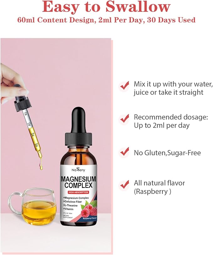 400mg Magnesium Drops, Magnesium Glycinate Vitamin Blend for Kids, High Absorption - for The Whole Family Overall Wellness, Non-GMO & Gluten Free (60ML/Raspberry)