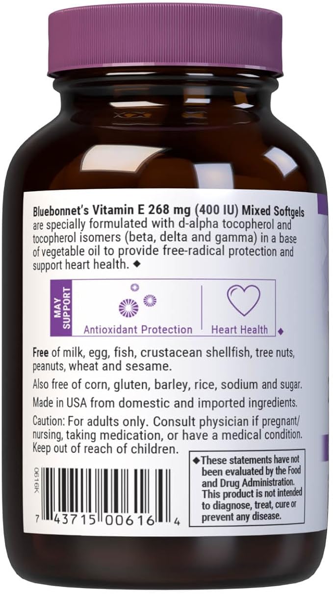 Bluebonnet Nutrition Vitamin E 400 IU (268 mg) Mixed Tocopherols Softgels, Free Radical Portection & Cardiovascular Support, Gluten-Free, Dairy-Free, 50 Softgels, 50 Servings