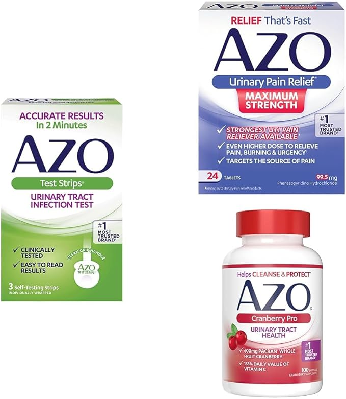 AZO UTI Pain Relief Bundle UTI Test Strips 3ct, Urinary Pain Relief Max Strength 24ct, Cranberry Pro Supplement 100ct