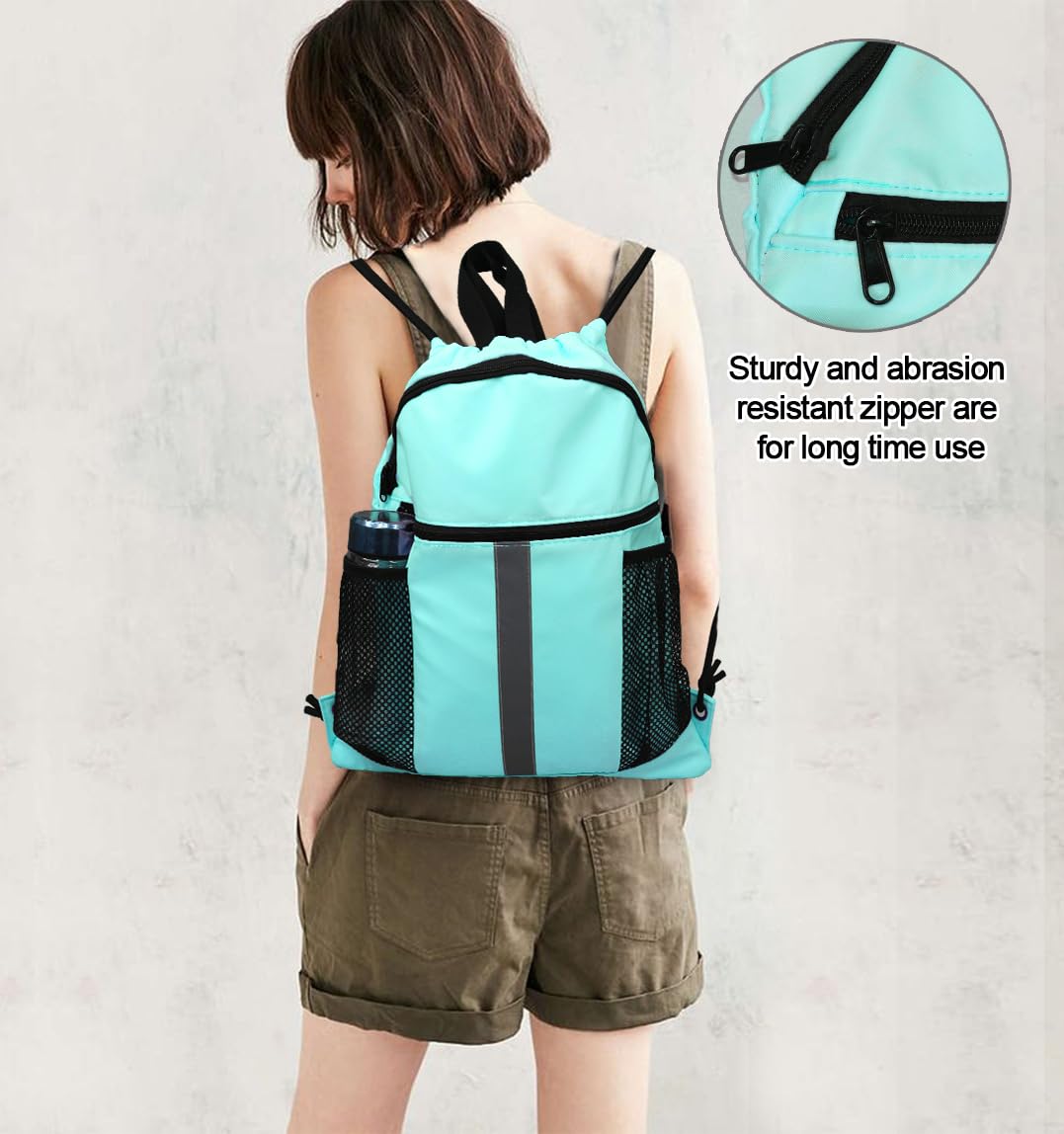 BeeGreen Mint Green Drawstring Backpack Bag with Shoe Compartment X-Large Gym Sports String Cinch Sackpack with Front Inside Zipper Pockets