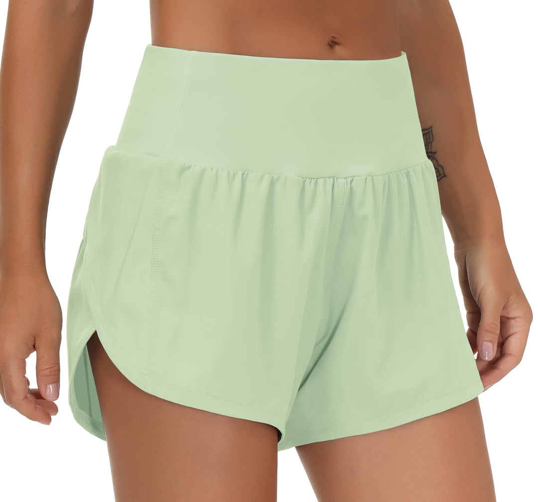 THE GYM PEOPLE Womens High Waisted Running Shorts Quick Dry Athletic Workout Shorts with Mesh Liner Zipper Pockets(Pale Green, X-Large)