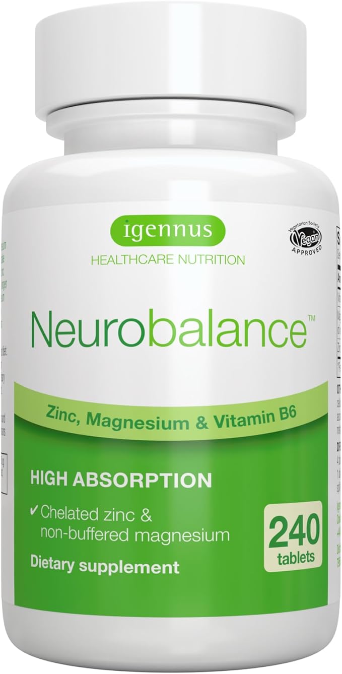 Igennus Neurobalance, High Absorption Zinc Magnesium Vitamin B6 Supplement, Non-GMO, Brain, Immune, Sleep & Muscle Recovery, Chelated Zinc Picolinate 24mg, Oxide-Free Magnesium, Vegan, 240 Tablets