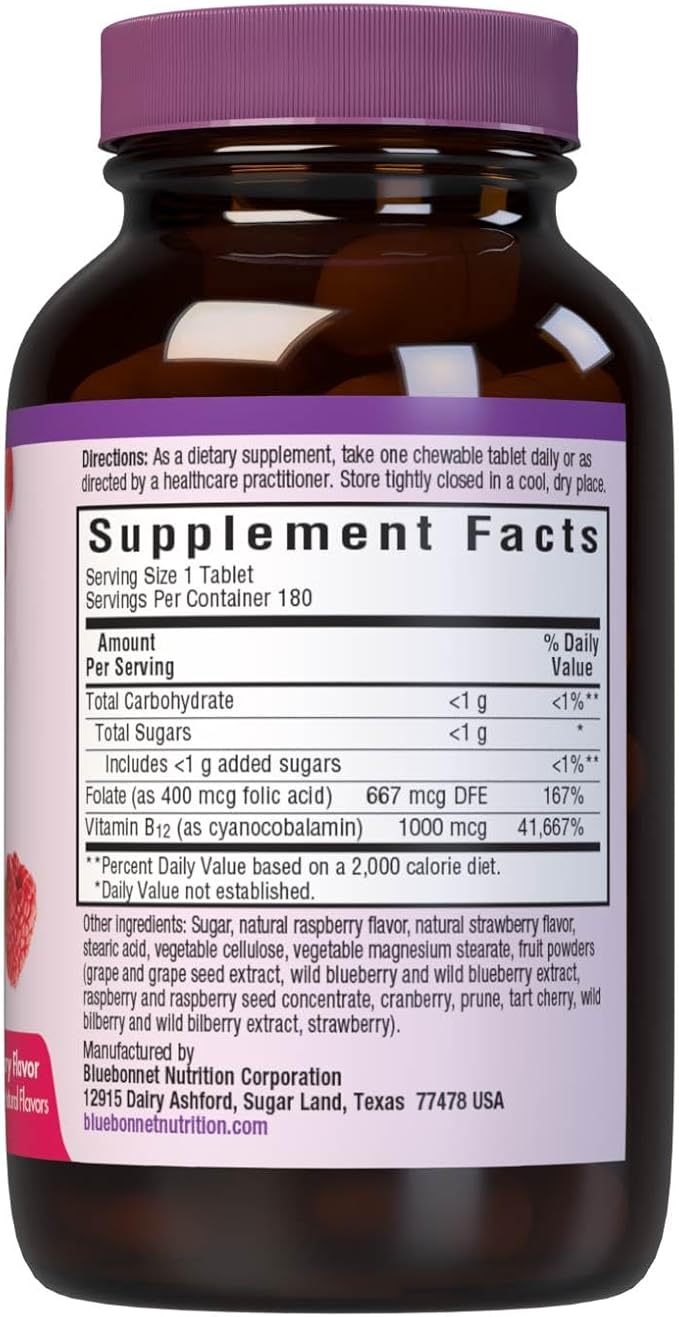 Bluebonnet Nutrition Earth Sweet Vitamin B12 1000 mcg & Folic Acid 400mcg Brain Health & Energy* Vitamins for Women & Men - Vegan, Gluten-Free Raspberry B 12 Vitamin - 180 Chewable Tablets