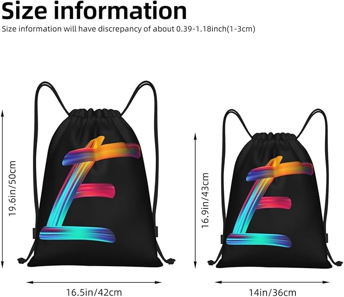 Drawstring Bags Initial Drawstring Backpack Sackpack Black Draw String Cinch Bags for Sports, Gym, Travel, Swimming, Beach, Camping, Rainbow Letter E