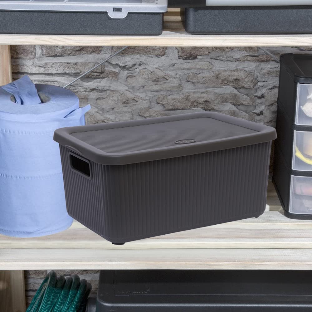 (Set of 3) 14L Litre Multipurpose Utility Plastic Storage Box With Lid & Handles Stackable Basket Container Lidded Storage Decorative Household Organiser Cosmetics Shelves (Bottle Grey)