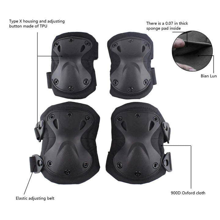 AOUTACC Tactical Combat Knee & Elbow Protective Pads Set for Outdoor CS Paintball Game Cycling Safety Skateboarding Gear Skates Knee Protection Guard Pads (Black)