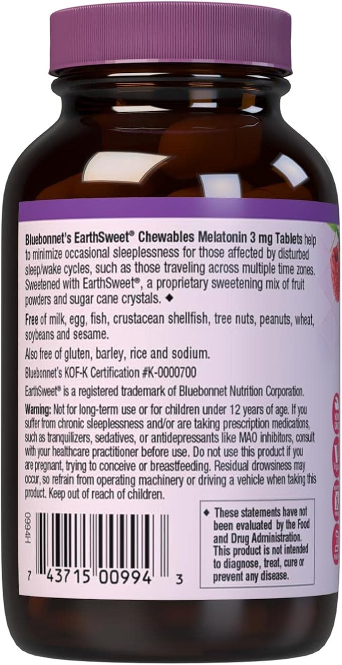 Bluebonnet Nutrition EarthSweet Melatonin 3 mg Fast-Acting Quick Dissolve Nighttime Relaxation & Restful Sleep Support - Sleep Aid - Gluten-Free, Vegan - Raspberry Flavor - 120 Chewable Tablets