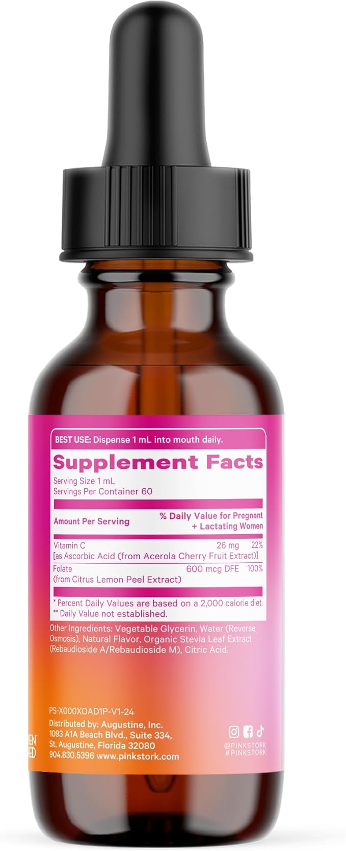 Pink Stork Liquid Folate: Whole-Food Vitamin B9 from Lemon Peels, Natural Folic Acid with Vitamin C, Liquid Prenatal Vitamins for Women, Pregnancy Must Haves, Women-Owned, 2 oz