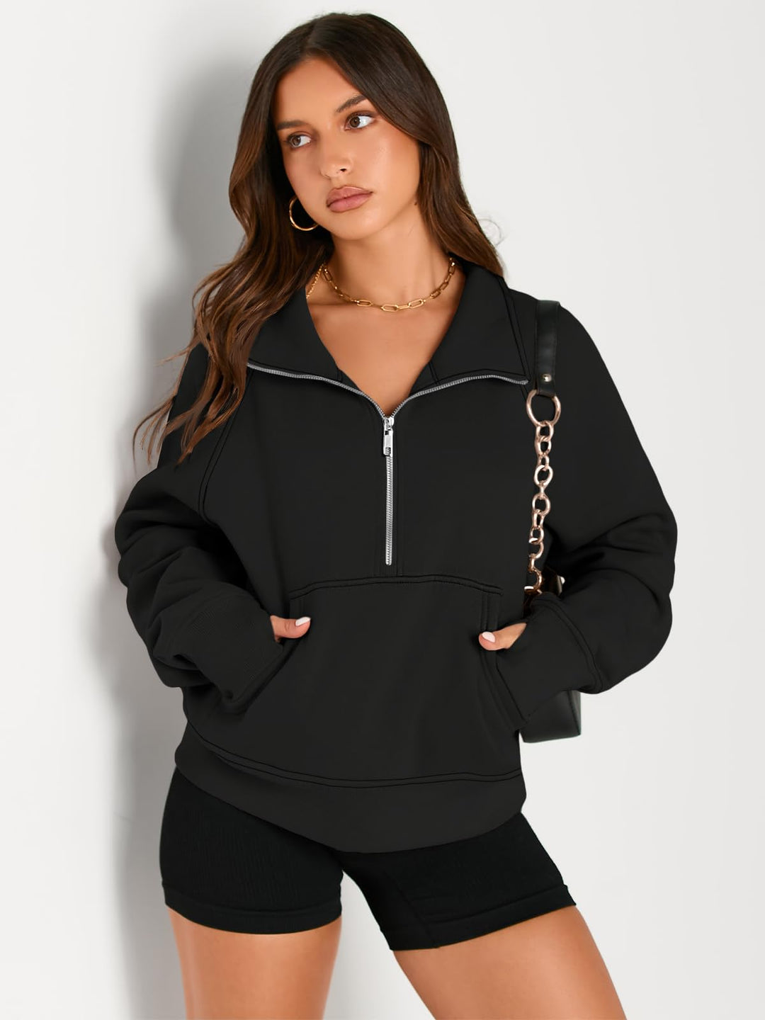 AUTOMET Womens Sweatshirts Long Sleeve Tops Hoodies Shirts Half Zip Pullover Cropped Oversized 2024 Fall Fashion Outfits Sweaters Black