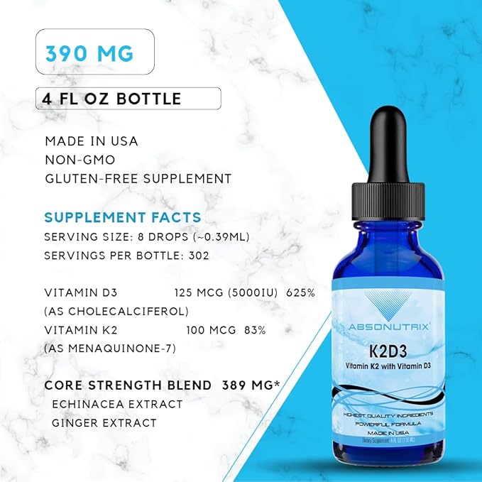 Absonutrix K2D3, 390 mg, 4 FL OZ Liquid, 302 Servings, Made in USA, Plant-Based Ingredients, Vitamin K2, Echinacea Extract, Gluten-Free, Non-GMO