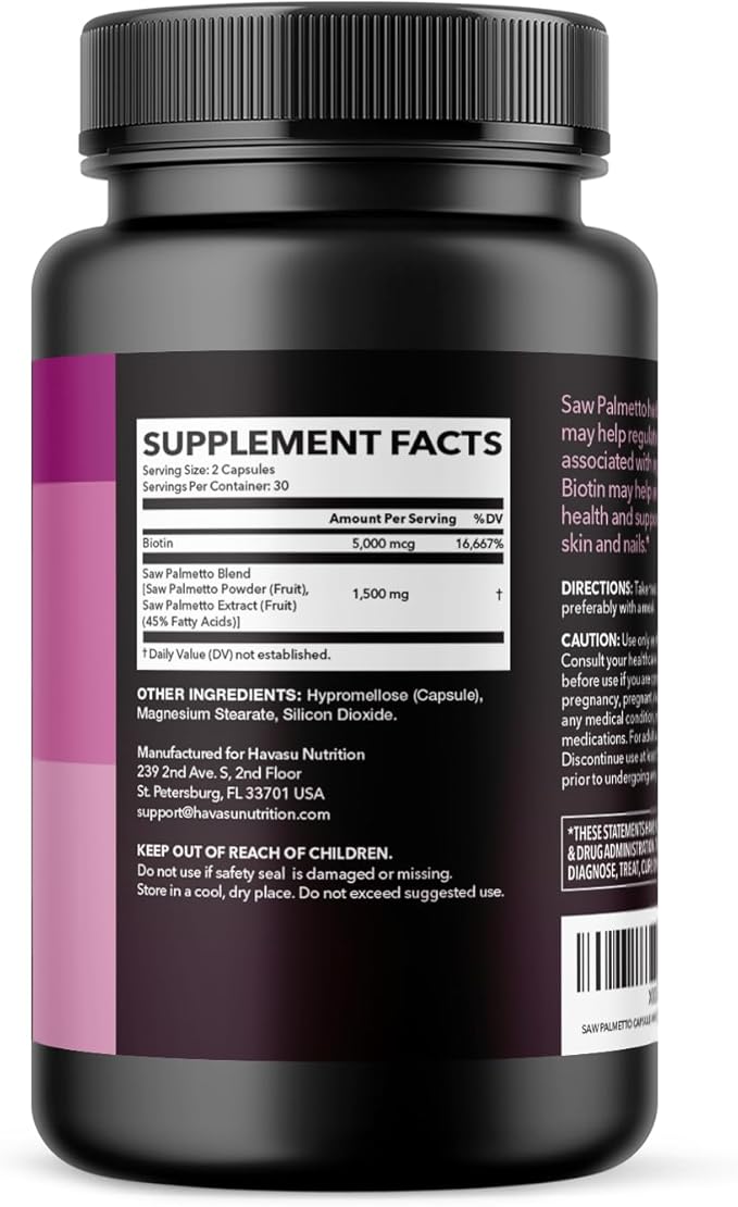 Saw Palmetto for Women with Biotin 5000mcg - Powerful DHT Blocker to Support Hair, Skin, and Nail Health - 120 Count - Vegan, Non-GMO Vitamin for Stronger, Fuller Looking Locks - 2 Month Supply