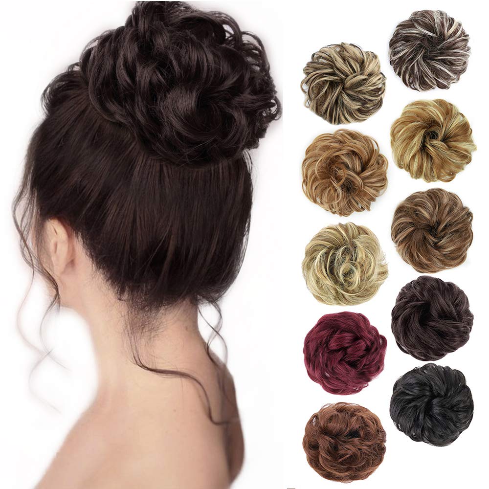 Morica 1Pcs Messy Hair Bun Hair Scrunchies Extension Curly Wavy Messy Synthetic Chignon For Women (1-6#(Dark Brown))