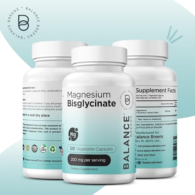 Balancebreens Magnesium Bisglycinate 200mg, High Absorption Chelated, 120 Vegan Capsules - Supports Heart Health, Muscle Cramps, Bone Health & Positive Mood