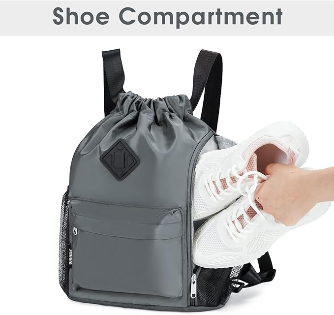 WANDF Drawstring Backpack Sports Gym Bag with Shoes Compartment, Water-Resistant String Backpack Cinch for Women Men(Small,Grey)