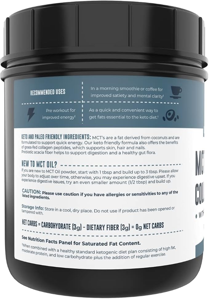 MCT Oil Powder + Keto Collagen Peptides + Acacia Fibre 16oz (Unflavored). 10g MCT, 5g Collagen. MCT Collagen for Coffee Creamer, Shakes, Smoothies, Ketogenic Low Carb Protein Powder