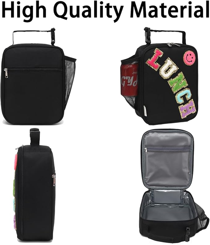 Insulated Lunch Bag for Women Girl Teen large Insulated Kid Lunch Bag,Large Reusable Cute Cooler Bag for School Work Picnic,Black Alphabet