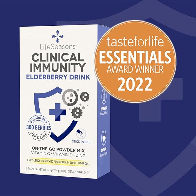 LifeSeasons Clinical Immunity - Elderberry Drink Mix - Protects & Fights for Healthy Immune Response - Immunity Booster - 3X Better Than Vitamin C - Serve Hot or Cold - Vitamin C + D + Zinc - (5 Pack)