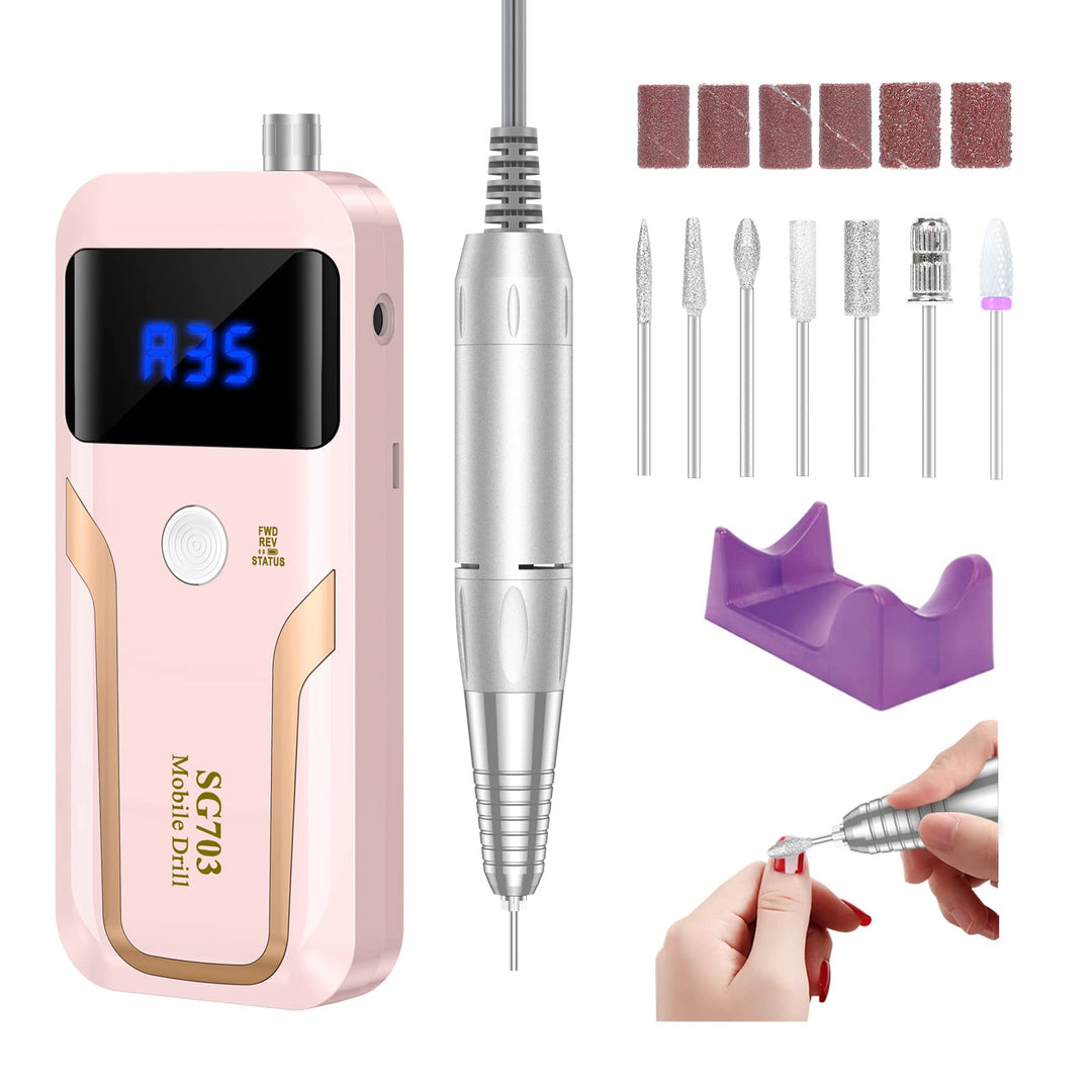 Portable Nail Drill Professional 35000 RPM, MOCOWIND Rechargeable Electric Nail File Machine E File for Acrylic Nails Gel Polishing Removing, Cordless E-file with Bits Kit for Manicure Salon Home,Pink