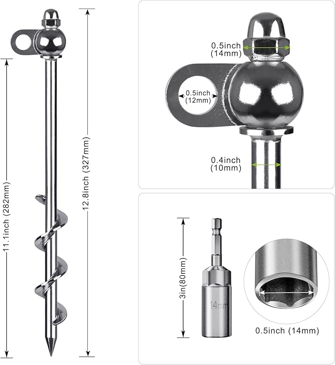 12 Inch Ground Anchors, 4 Pcs Heavy Duty Tent Stakes, Easy to Install and Reusable, for Camping Tents, Trampolines, Sheds, Swing Sets, Securing Animals