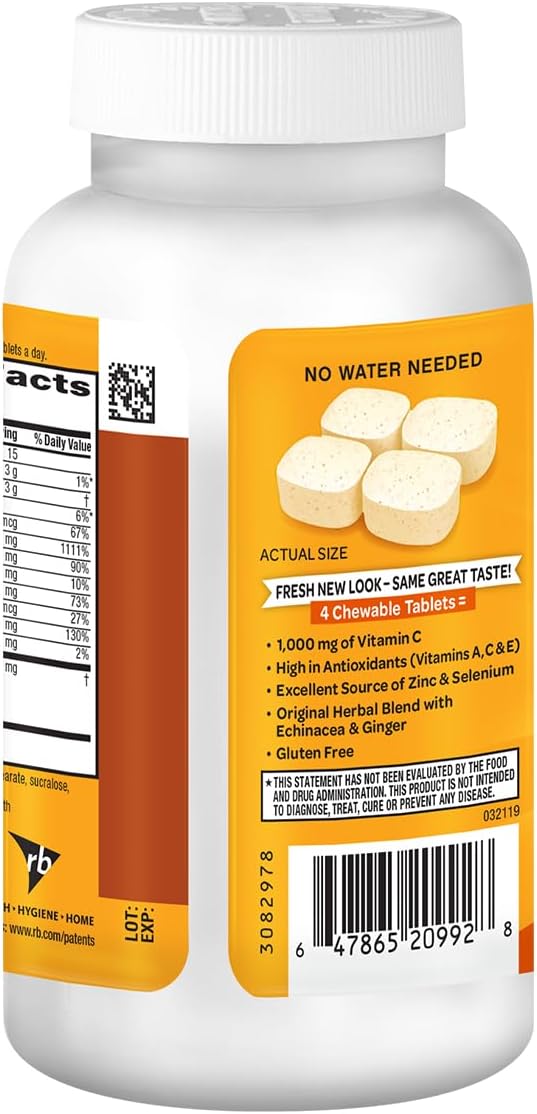 Airborne 1000mg Vitamin C + Zinc Immune Support Supplement Chewable Tablets, Citrus Flavor with Powerful Antioxidants Vitamins A C & E, 116 Chewable Tablets (2 Pack)