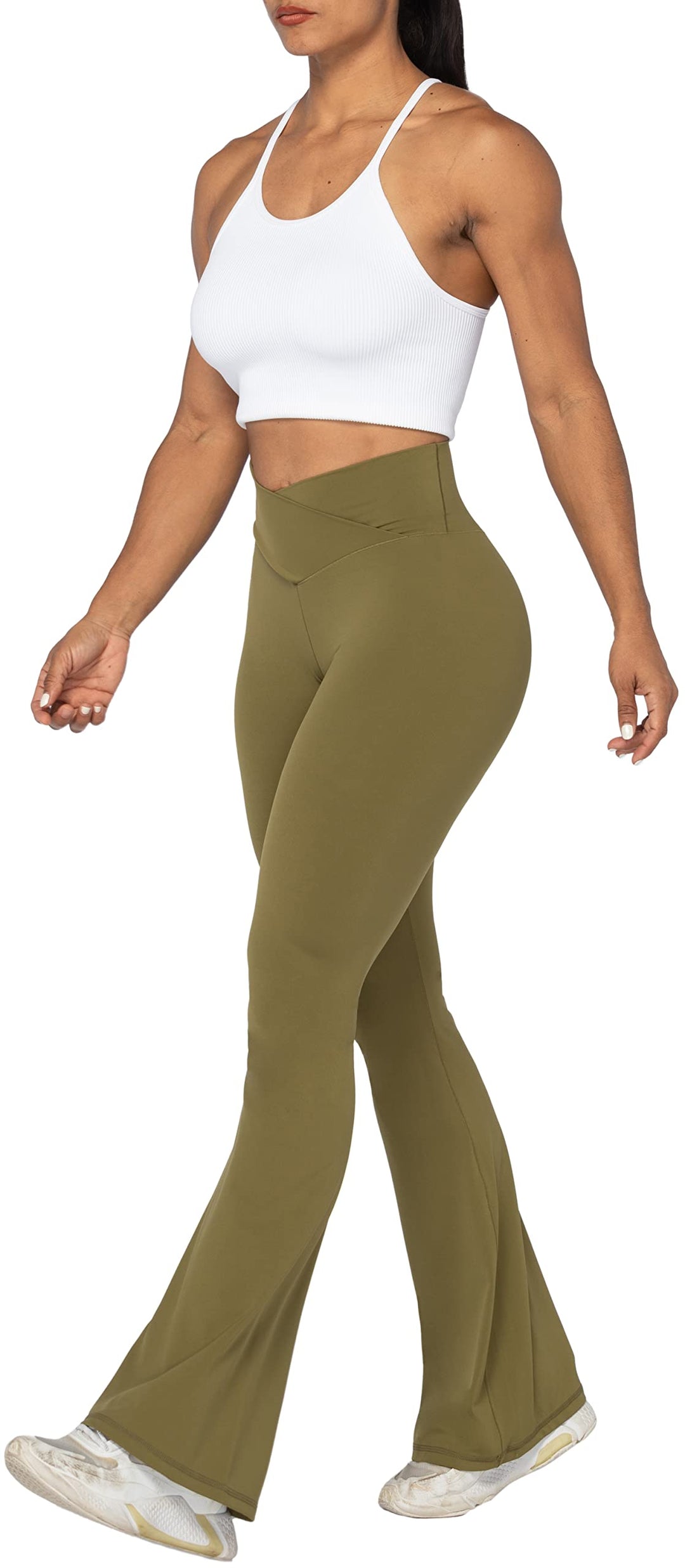Sunzel Flare Leggings, Crossover Yoga Pants for Women with Tummy Control, High-Waisted and Wide Leg Martini Olive