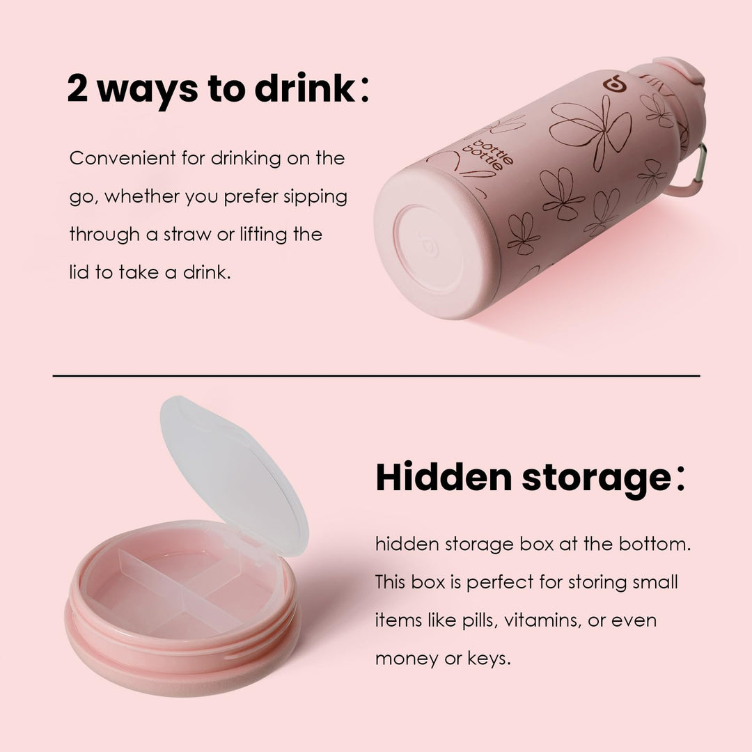 BOTTLE BOTTLE 32oz Insulated Water Bottle Stainless Steel Sport Water Bottle with Straw Dual-use Lid Design for Gym with Pill Box (pink flower)