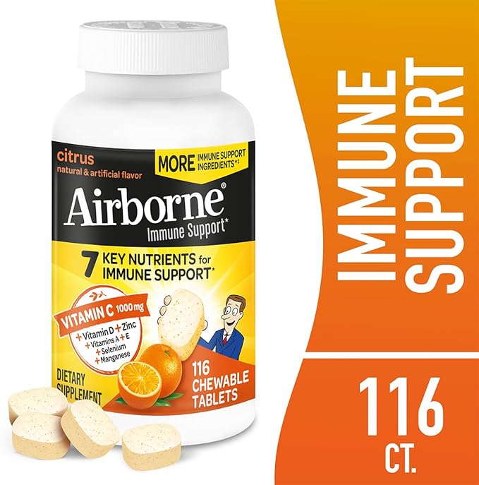 Airborne 1000mg Vitamin C + Zinc Immune Support Supplement Chewable Tablets, Citrus Flavor with Powerful Antioxidants Vitamins A C & E, 116 Chewable Tablets (2 Pack)